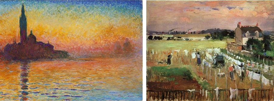 Figuras 7, 8 e 9: Veneza ao pôr do sol (1908-12), de Claude Monet; Pendurando a roupa para secar (1875), de Berthe Morisot.