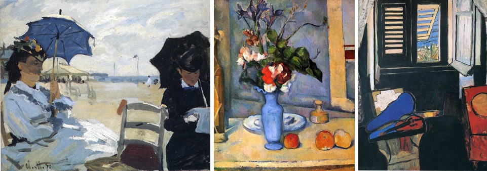 Figuras 11, 12 e 13: A praia em Trouville (1870), de Claude Monet, Natureza morta com vaso azul (1887), de Paul Cézanne, e Interior com um violino (1918), de Henri Matisse.