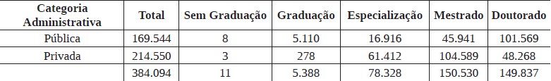 Tabela 3: Total de docentes do Ensino Superior brasileiro por categoria administrativa e grau de formação do ano de 2016