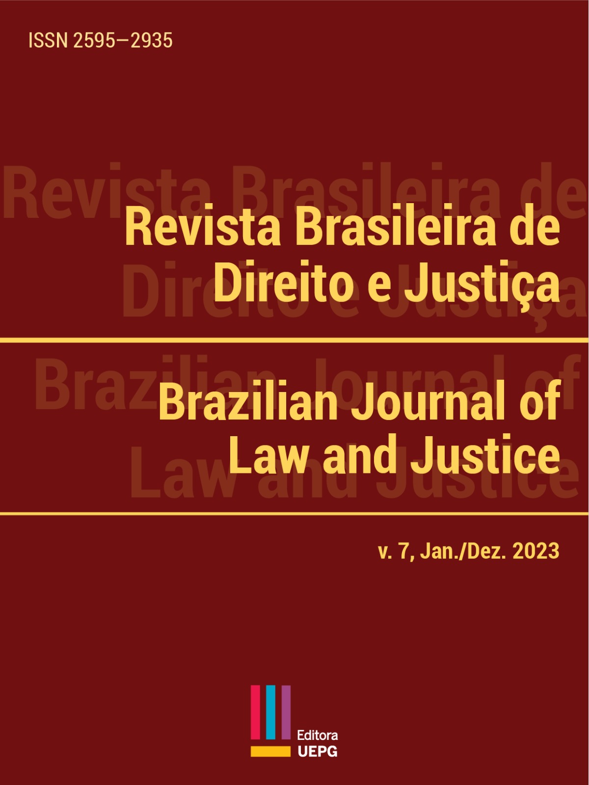 Capa da revista brasileira de direito e justiça. volume 7. ano 2023. issn 2595-2935